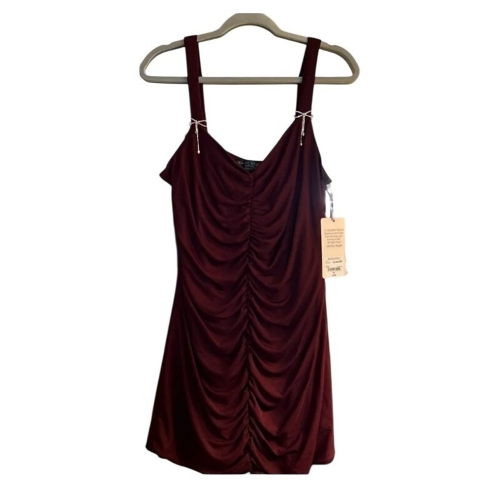 Johnny Wujek Burgundy Ruched Mini Dress Rhinestone Bow Accents Plus Size 1X NEW